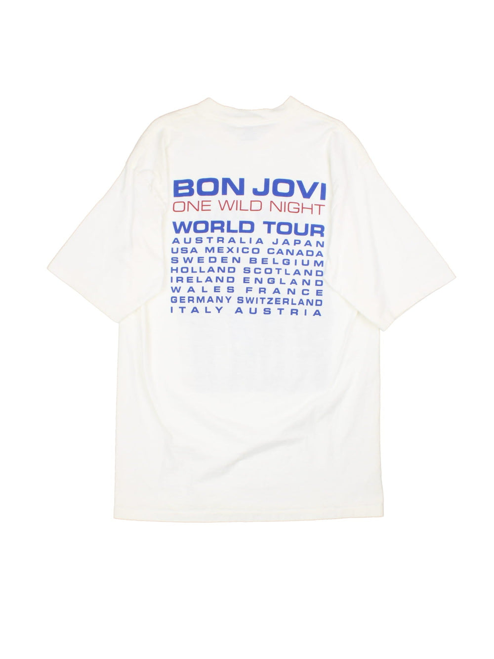 Vintage 2001 Bon Jovi One Wild Night World Tour T-Shirt in a white colourway with the band graphic print on the front and spell out and tour dated printed on the back.