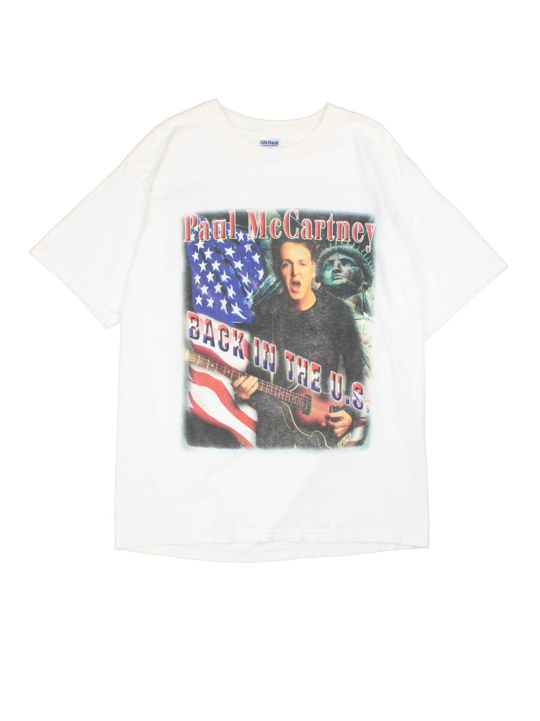 Vintage 2002 Paul McCartney Back In The US Tour T-Shirt in a white colourway with graphic print on the front and back alongside spell out of tour locations.