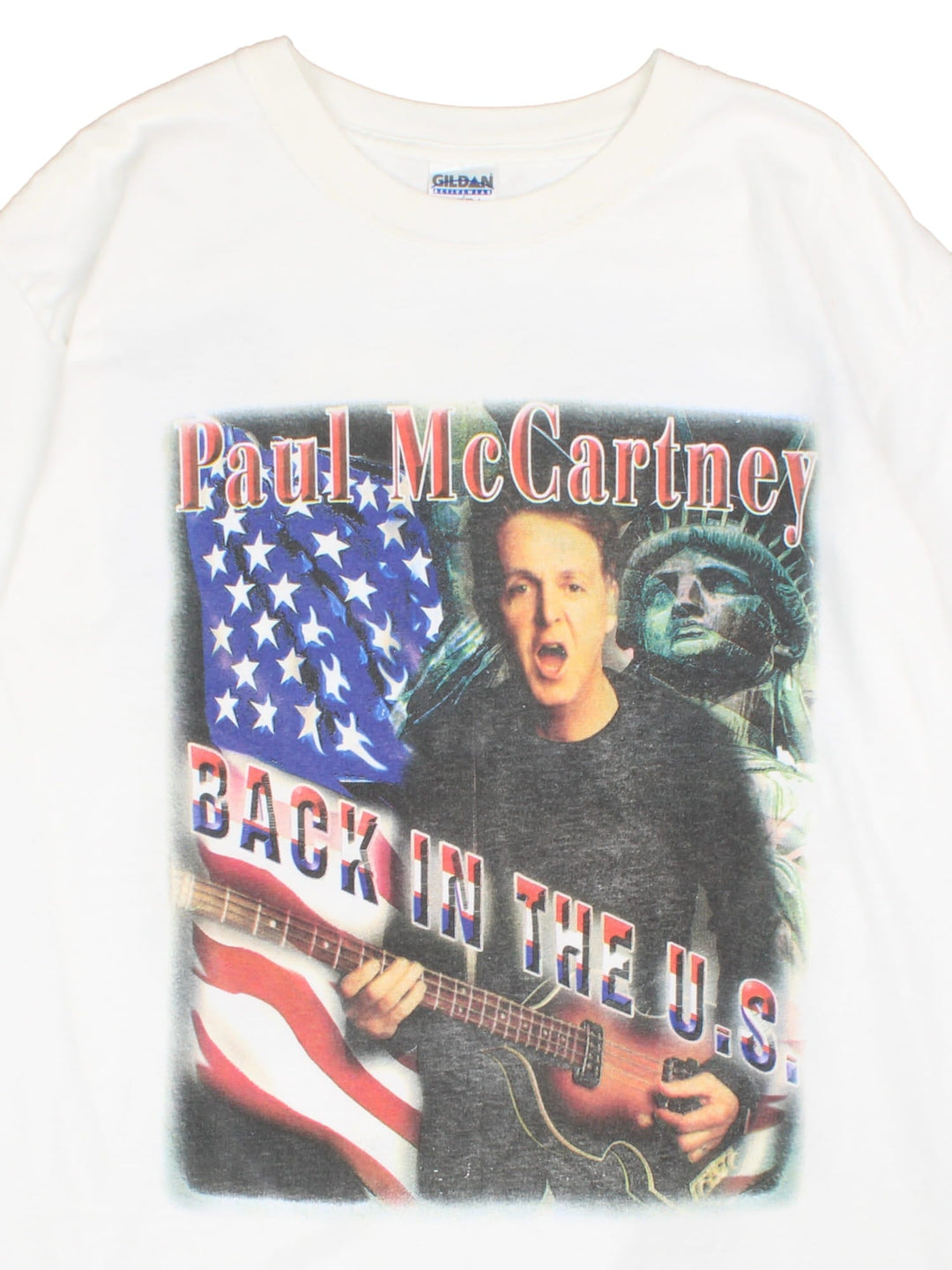 Vintage 2002 Paul McCartney Back In The US Tour T-Shirt in a white colourway with graphic print on the front and back alongside spell out of tour locations.