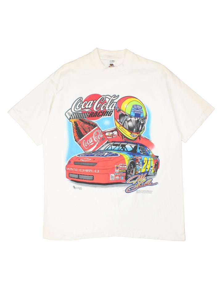 Vintage Fruit of the Loom Nascar Coca Cola T-Shirt in a white colourway with large graphic on the front and back.