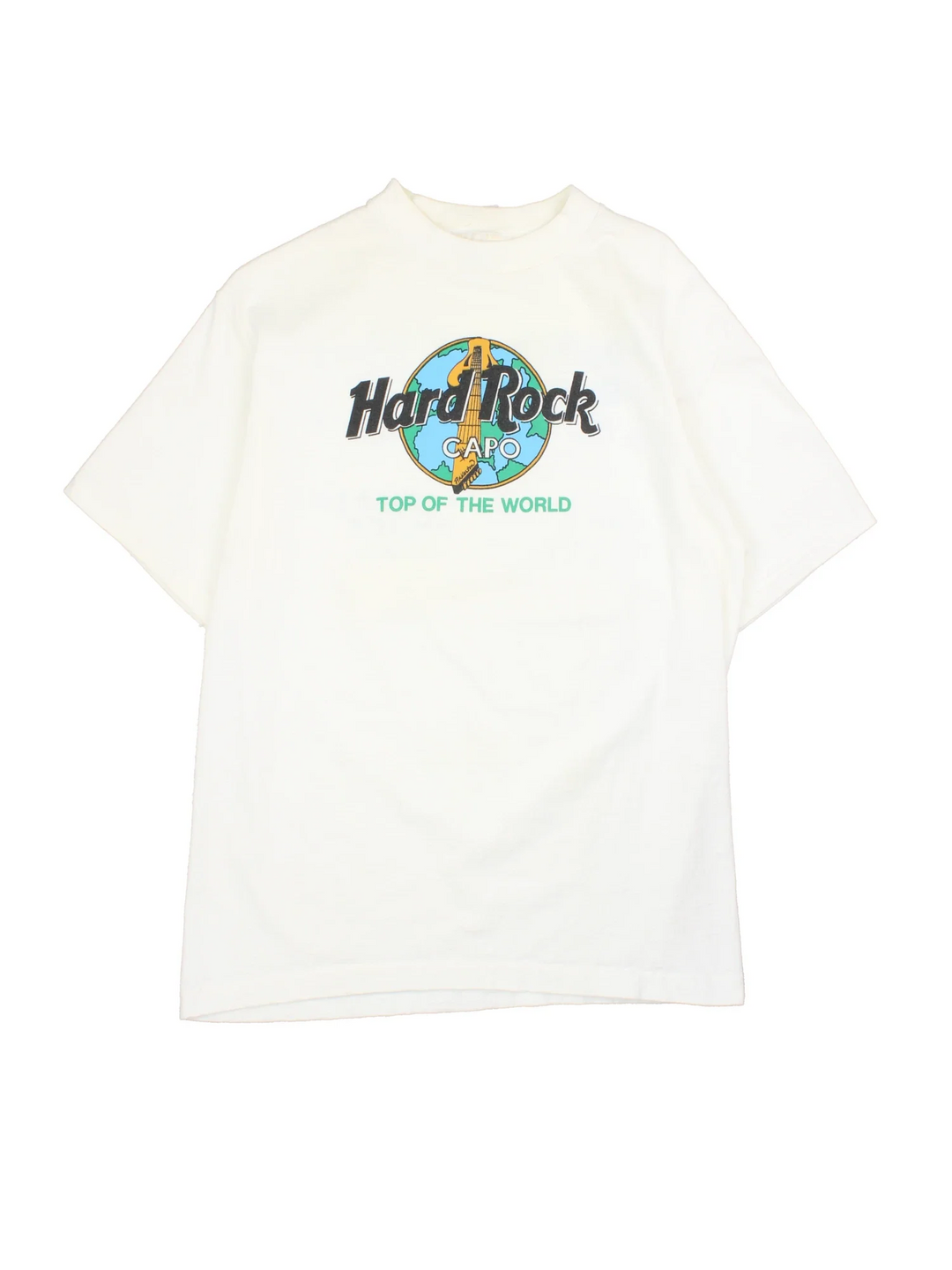 Hard Rock Cafe Capo Top Of The World Graphic T-Shirt in a white colourway with the classic logo on the front and band names spell out graphics on the back.