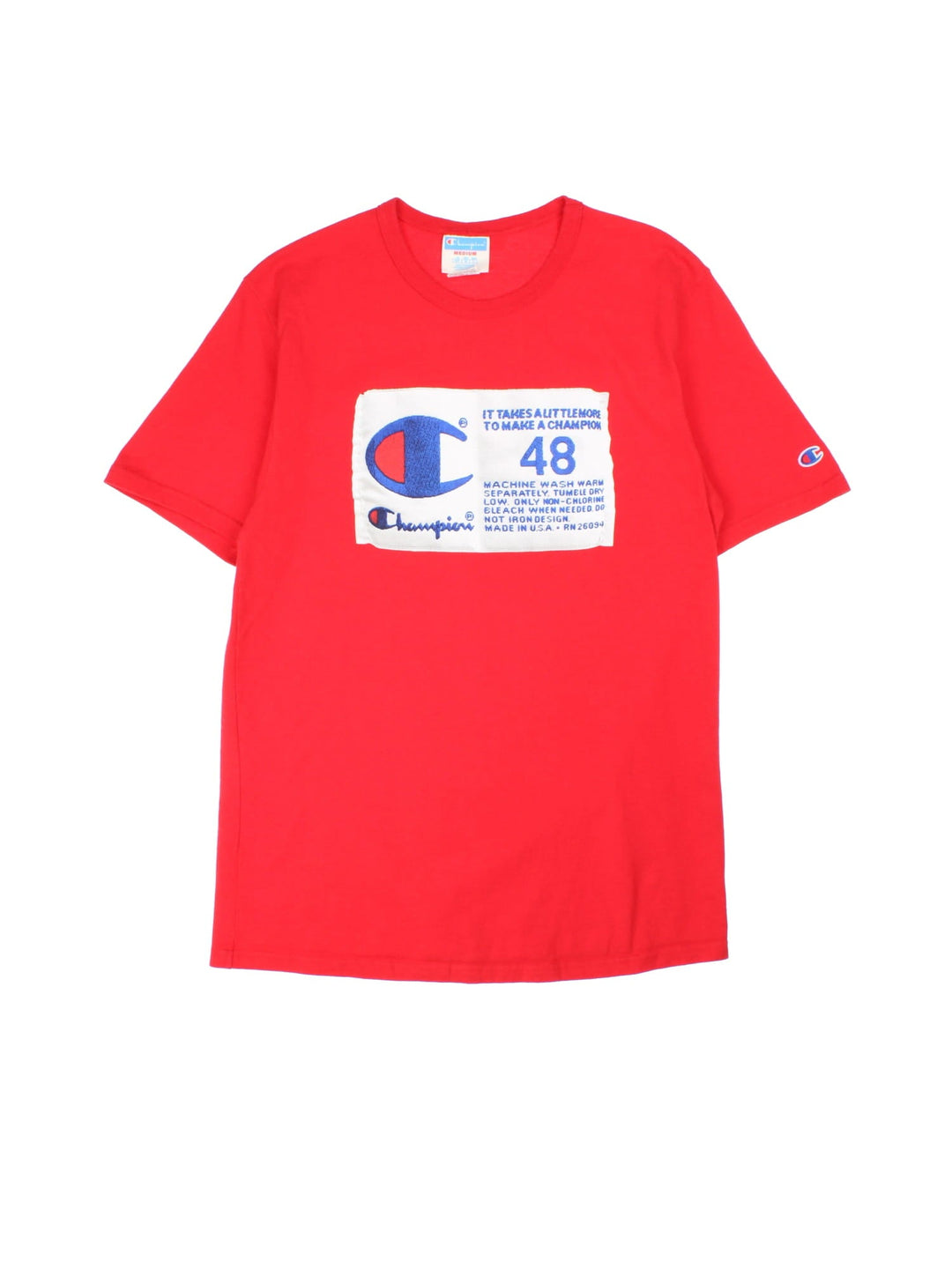Vintage Champion T-Shirt in a red colourway with branded printed on the front.