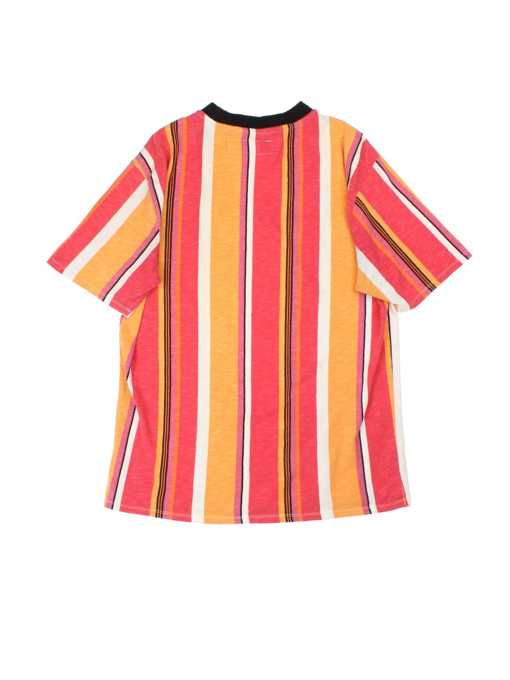Guess Stripe T-Shirt in a orange/pink/white colourway, with embroidered logo and contrast black neckline.