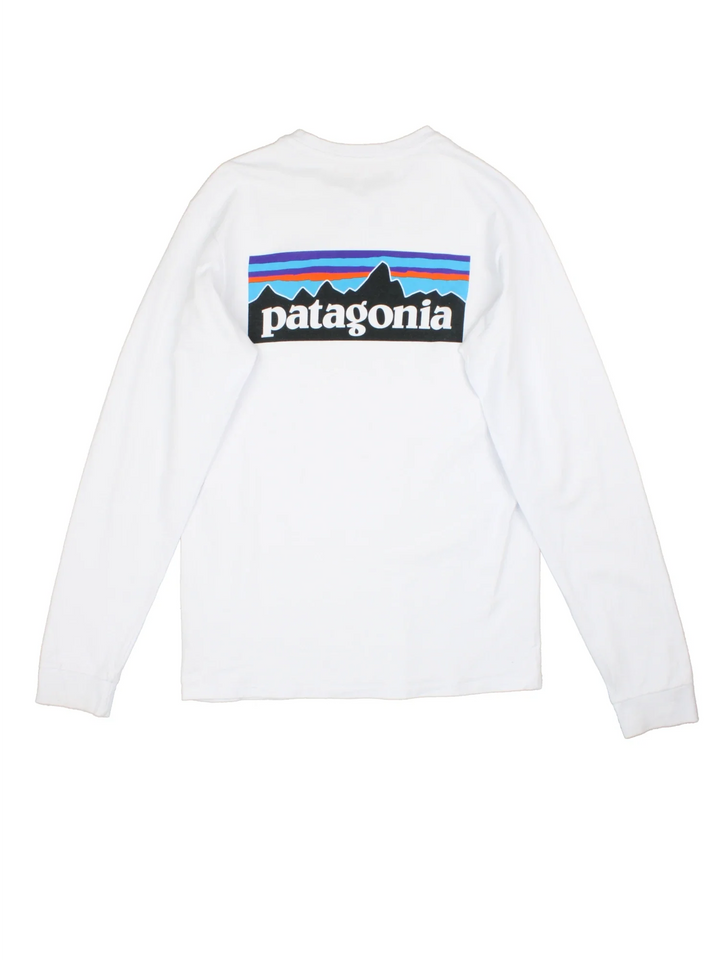 Patagonia Long Sleeve Top in a white colourway with printed graphic on front and back.