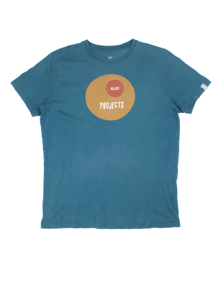 Arcteryx Belays Project T-Shirt in a blue colourway, with branding printed on the front and back.