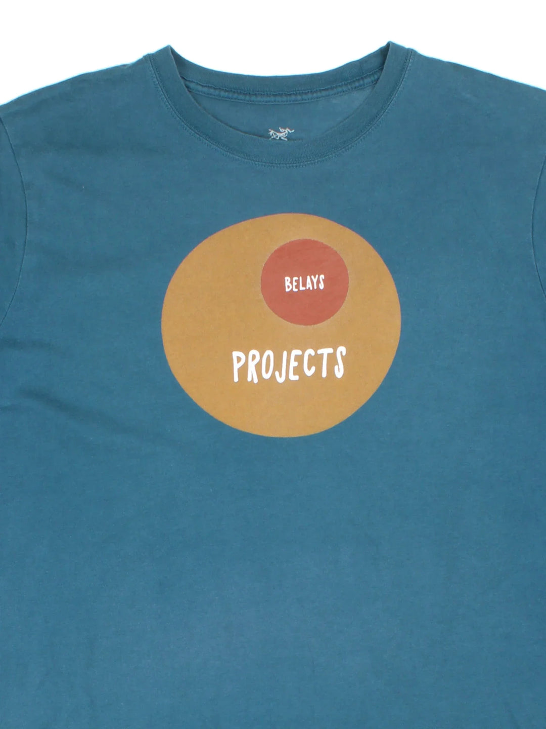 Arcteryx Belays Project T-Shirt in a blue colourway, with branding printed on the front and back.
