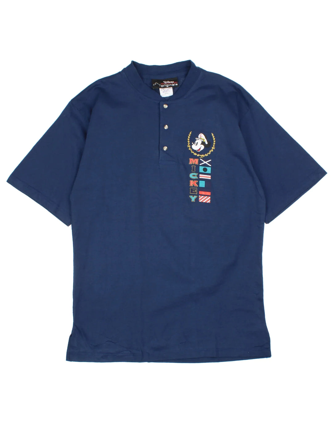 Vintage Disney Mickey Mouse Sailing T-Shirt in a blue colourway, with x3 button fastening and embroided/printed character detailing.