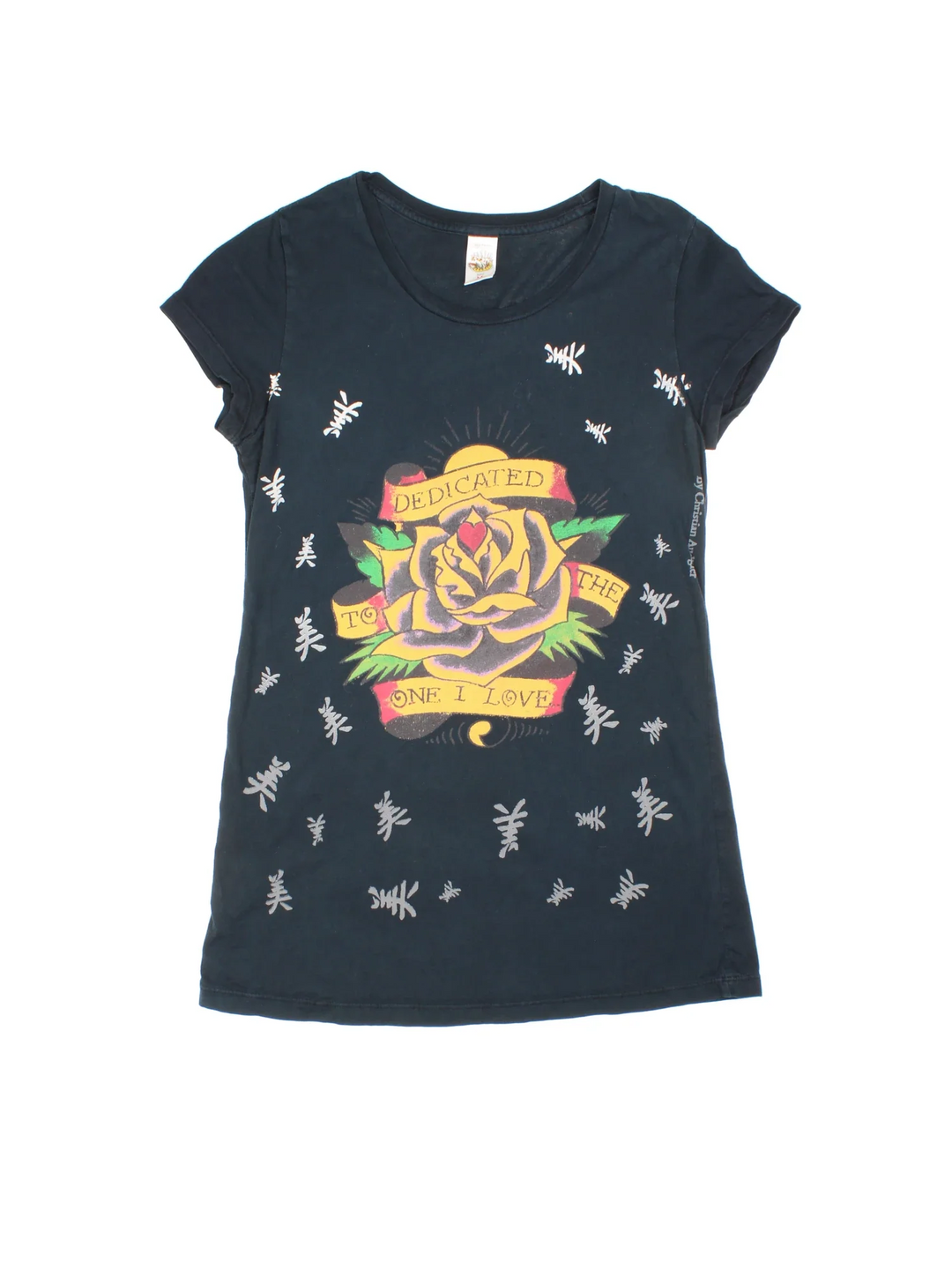 Y2K Ed Hardy Dedicated To The One I Love Top in a blue colourway with a classic rose graphic on the front and small text detailing on the back.