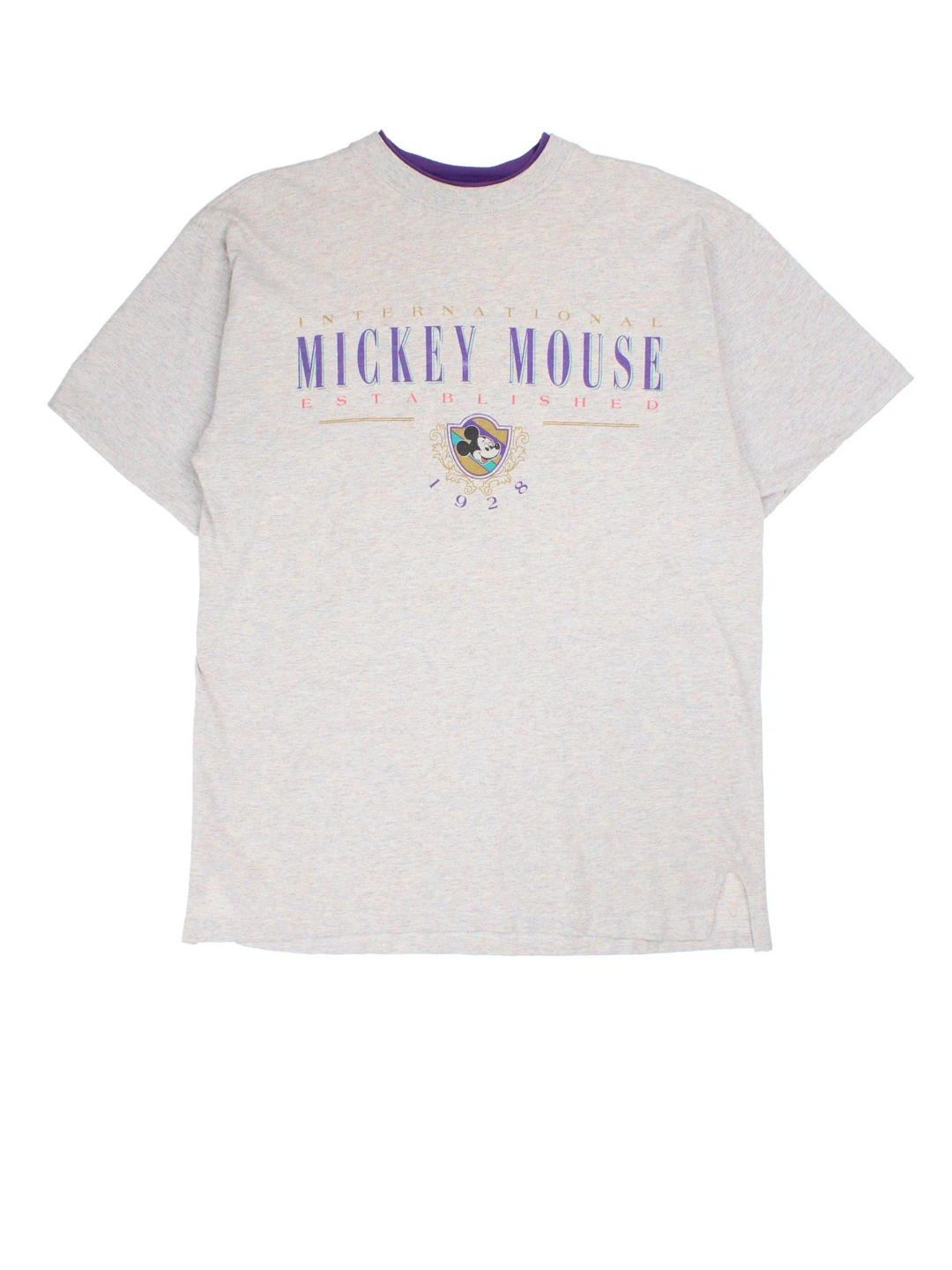 Vintage Disney Mickey Mouse T-Shirt in a grey colourway with the logo printed on the front and a purple trim around the collar.