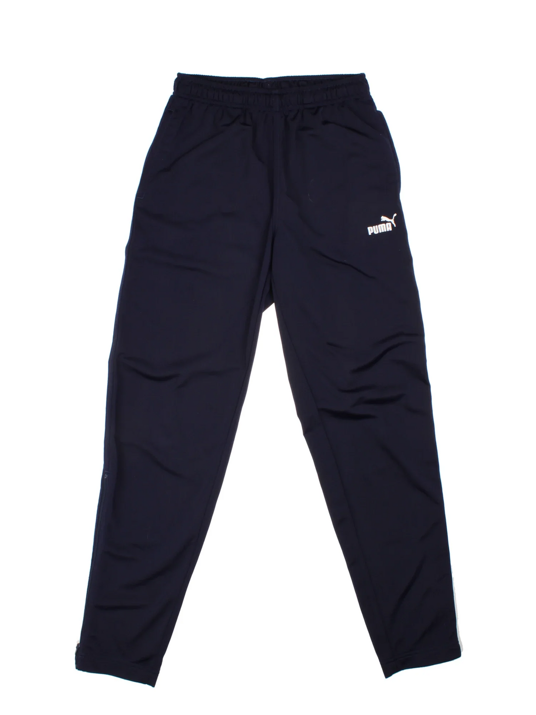 Puma Tracksuit Bottoms in a blue colourway with pockets, elasticated waist with drawstring, and the logo embroidered on the front.