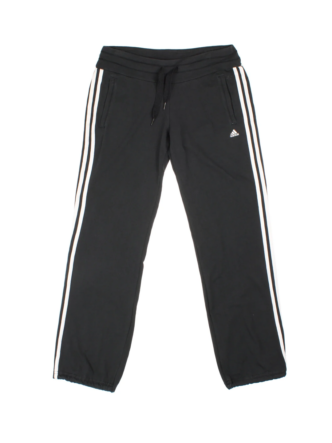 Adidas Tracksuit Bottoms in black colourway with iconic three stripes in white going down the legs, has pockets, elasticated waist with drawstring, and the logo embroidered on the front.