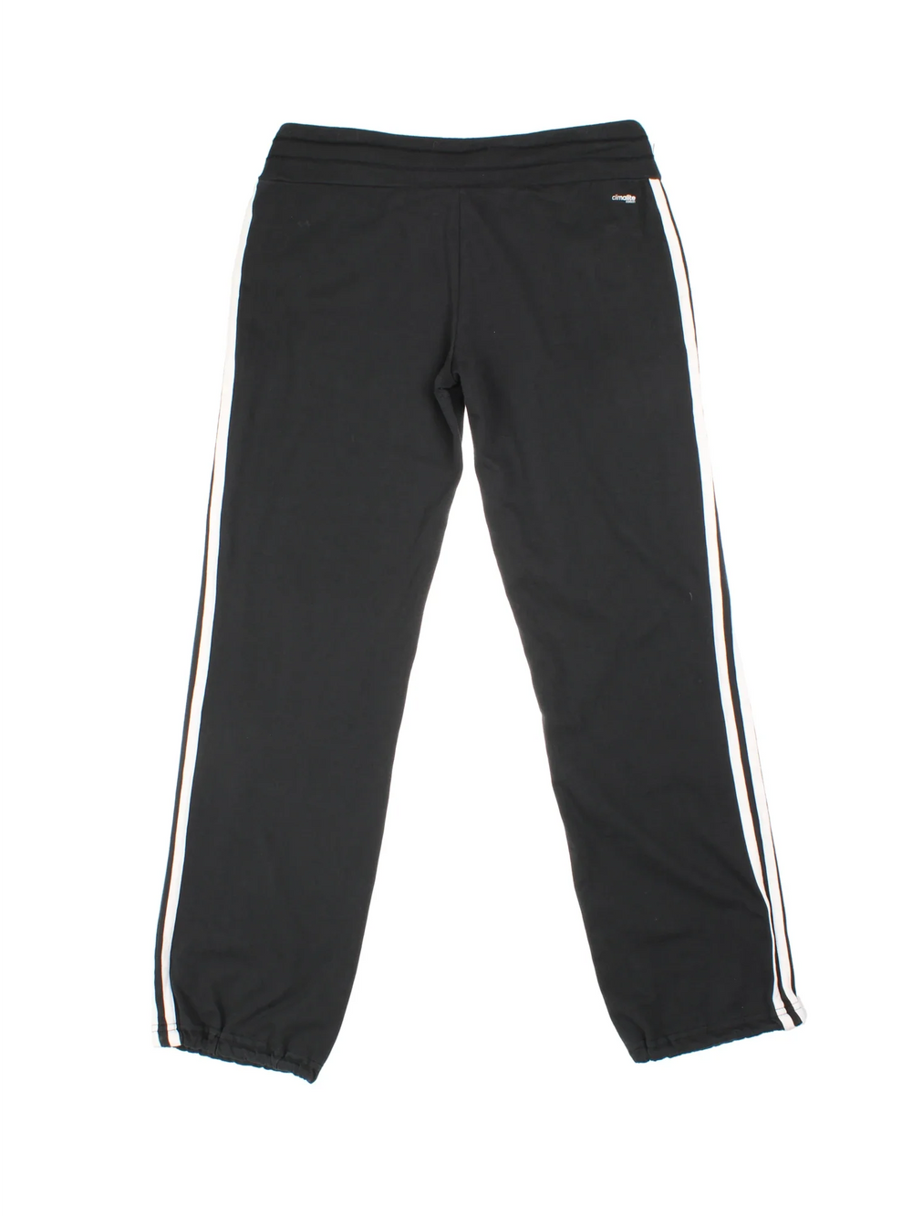 Adidas Tracksuit Bottoms in black colourway with iconic three stripes in white going down the legs, has pockets, elasticated waist with drawstring, and the logo embroidered on the front.