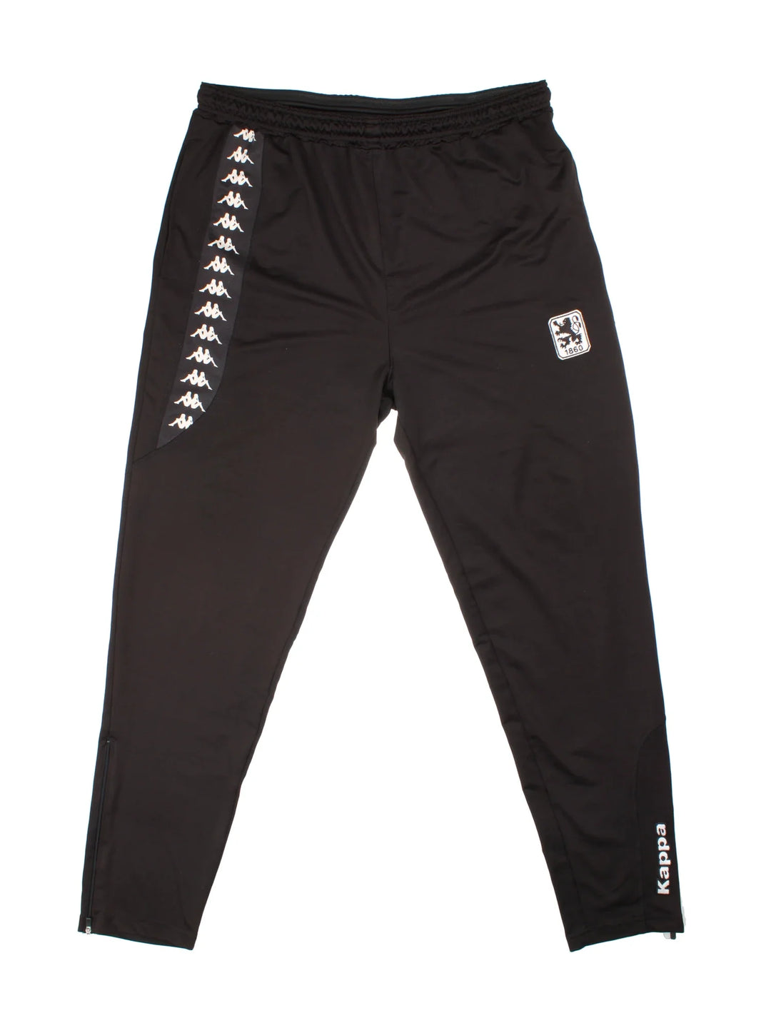 Vintage 1860 Munich Kappa Football Tracksuit Bottoms in black and white olourway, has pockets, elasticated waist with drawstring, and the logos embroidered on the front.