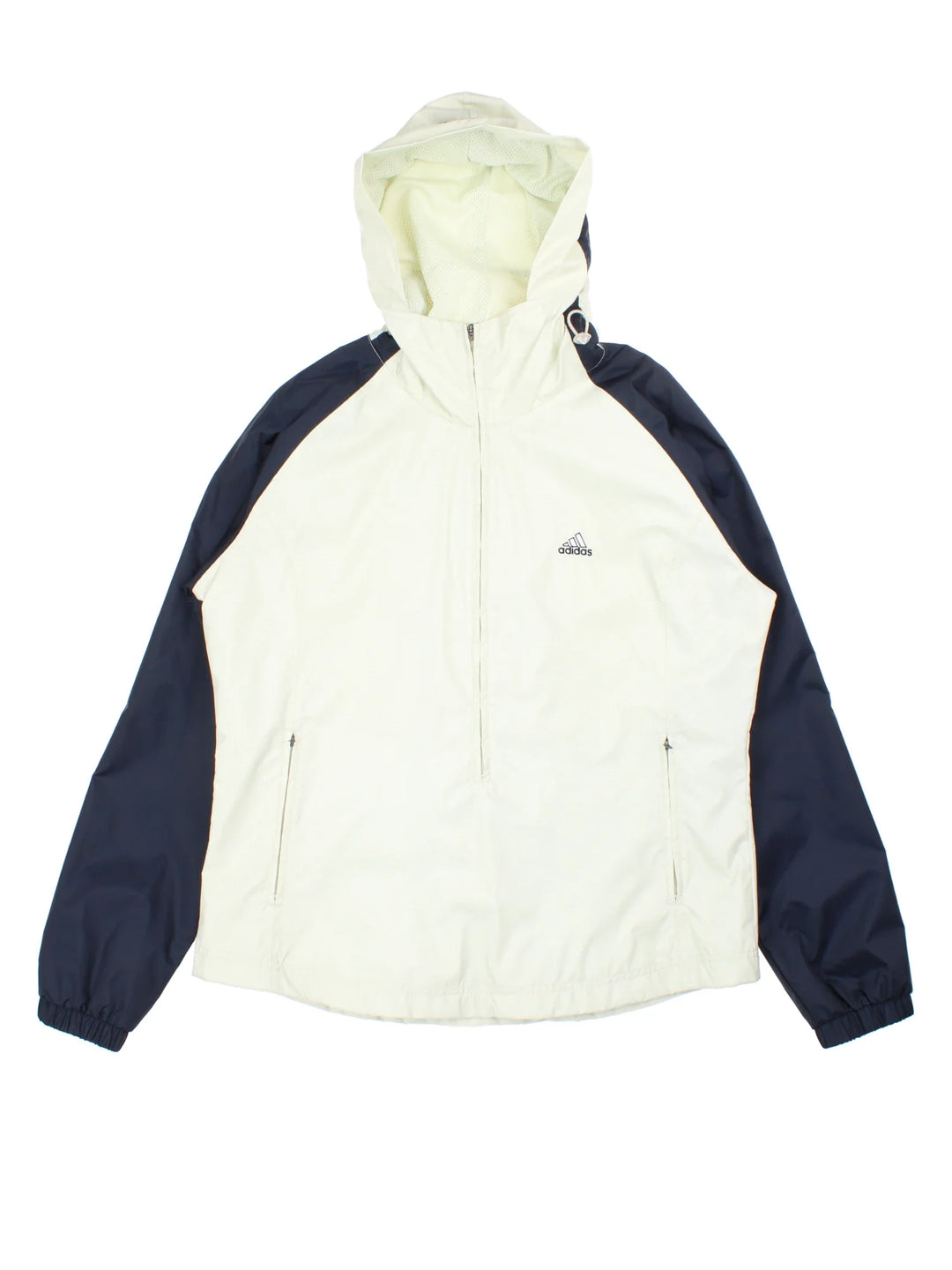 Vintage Adidas Windbreaker in a white/blue colourway. Zips up with hood, side pockets and branding embroidered on front.