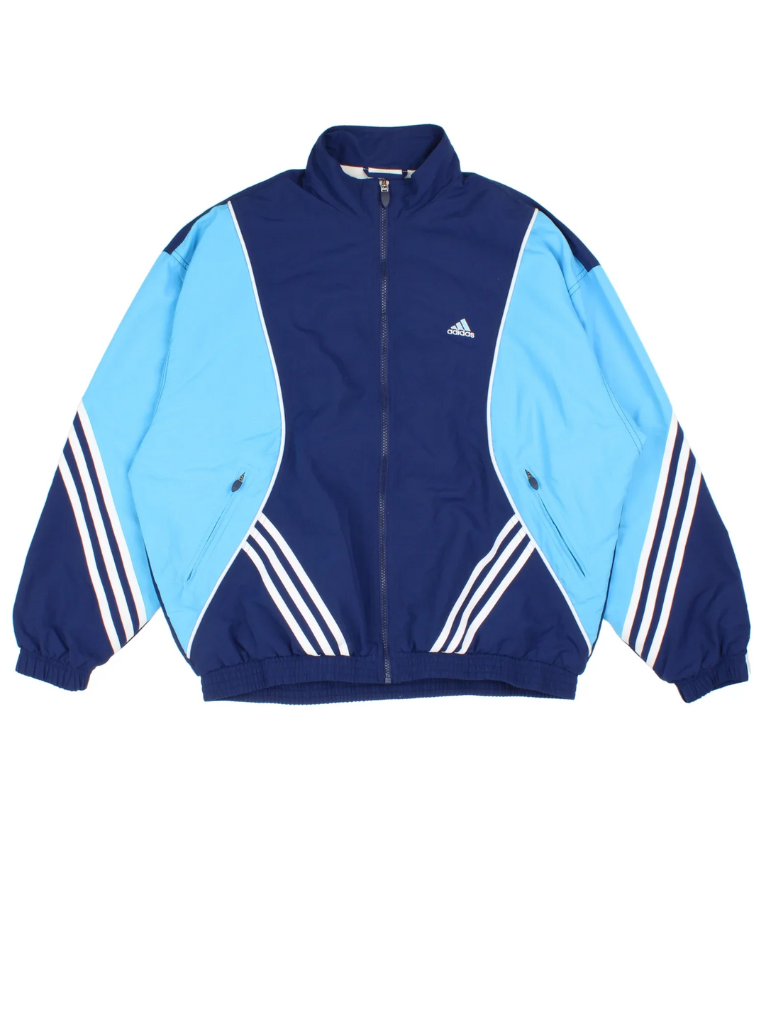 Vintage 90's Adidas Tracksuit Top in a blue colourway. Zip up fastening, side pockets, famous x3 stripe branding and has the logo embroidered on the front.
