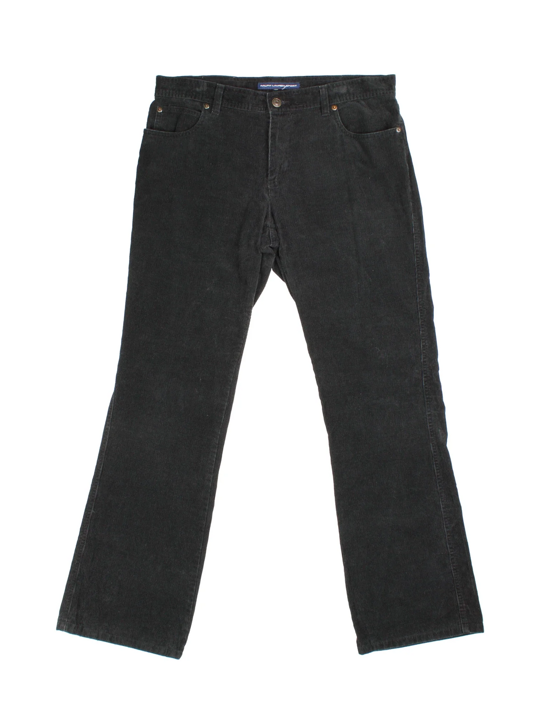 Ralph Lauren Sport Corduroy Trousers in a black colourway with multiple pockets and the logo embroidered on the back.