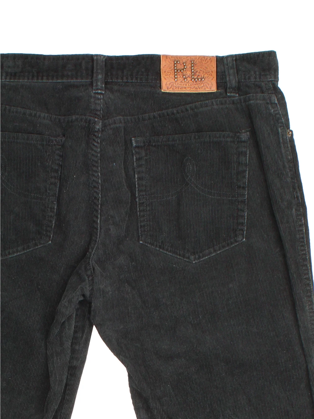 Ralph Lauren Sport Corduroy Trousers in a black colourway with multiple pockets and the logo embroidered on the back.