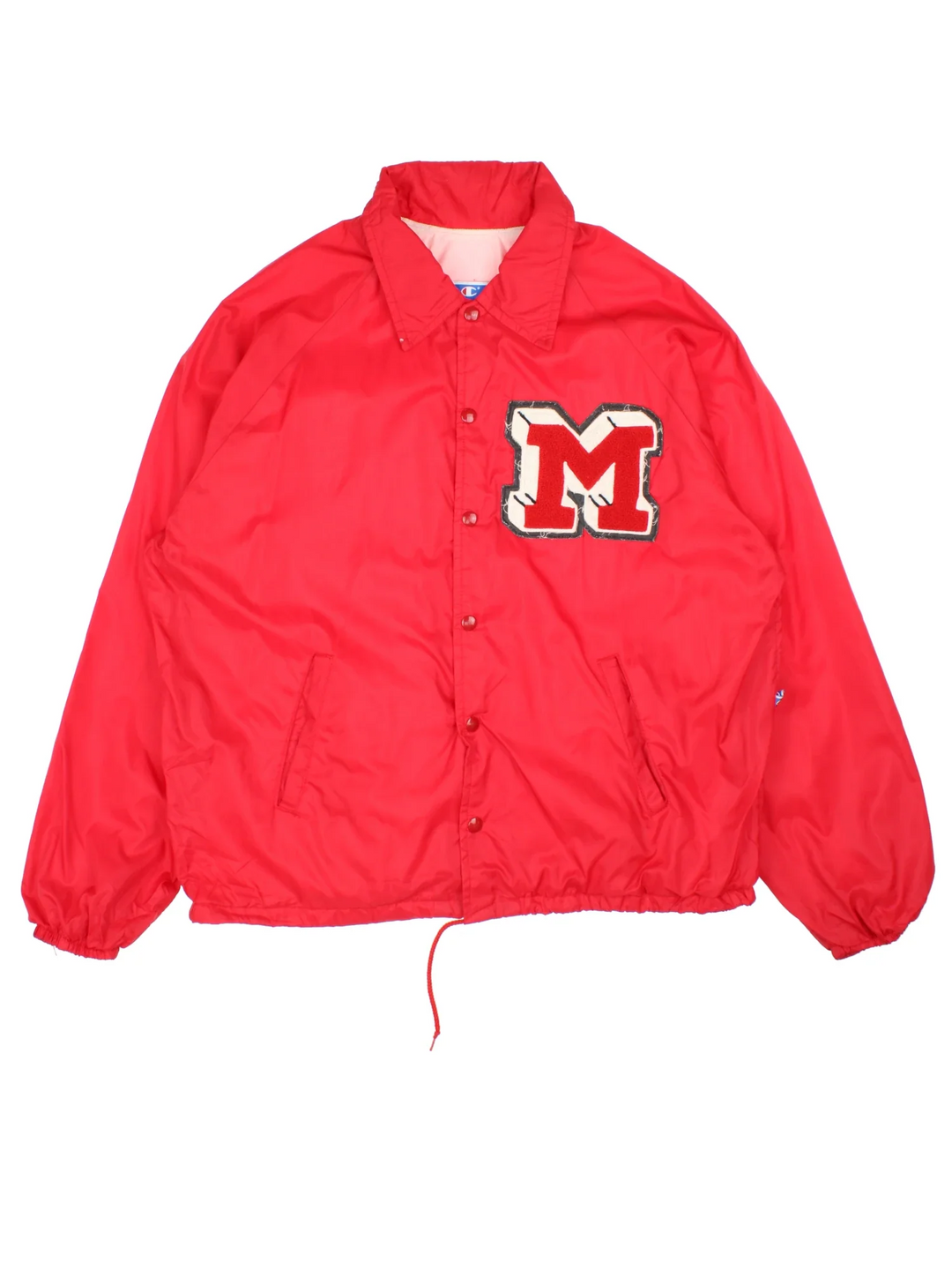 Vintage Champion Letterman Varsity Jacket in a red colourway. Buttons up and has side pockets, and has the lettering embroidered on the front.