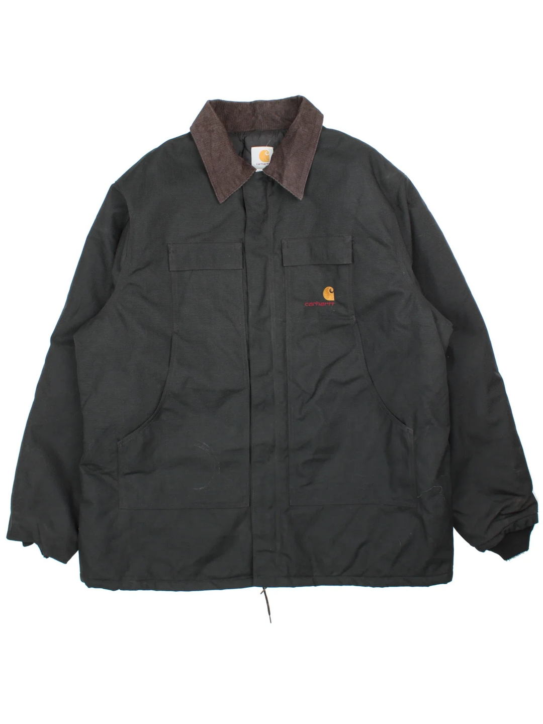Vintage Carhartt Jacket in a black colourway. Zips up closure and has multiple pockets, insulated with a quilted lining, and has the logos embroidered on the front.