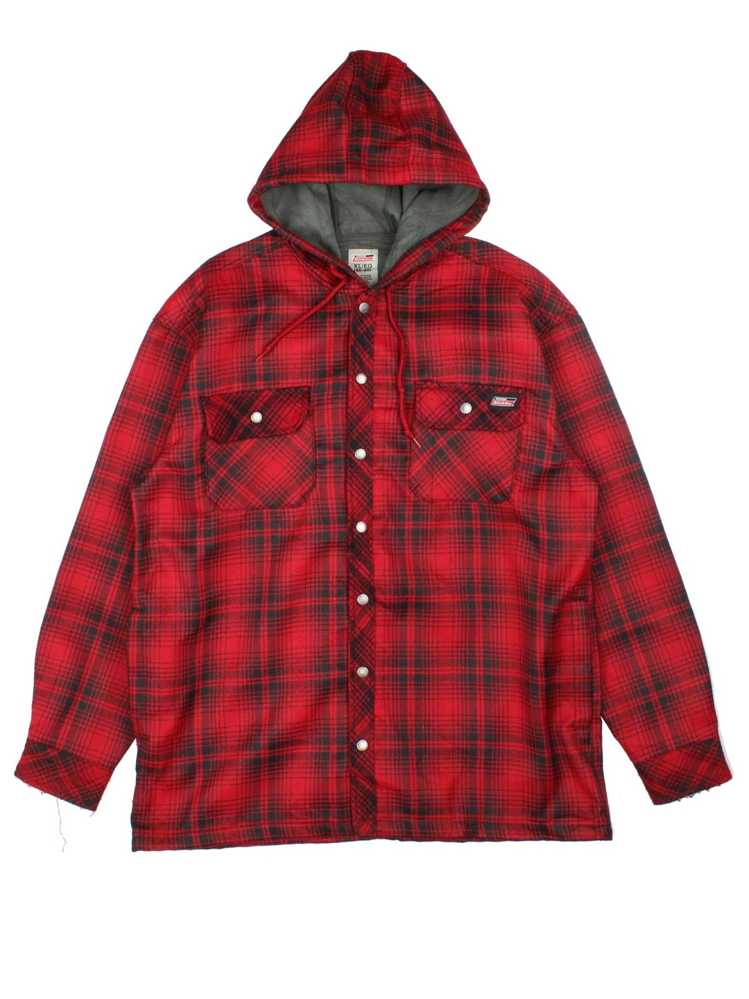 Dickies Hooded Flannel Jacket in a red and black plaid pattern colourway. Button up closure and has multiple pockets, fleece lining, and has the logo embroidered on the front.