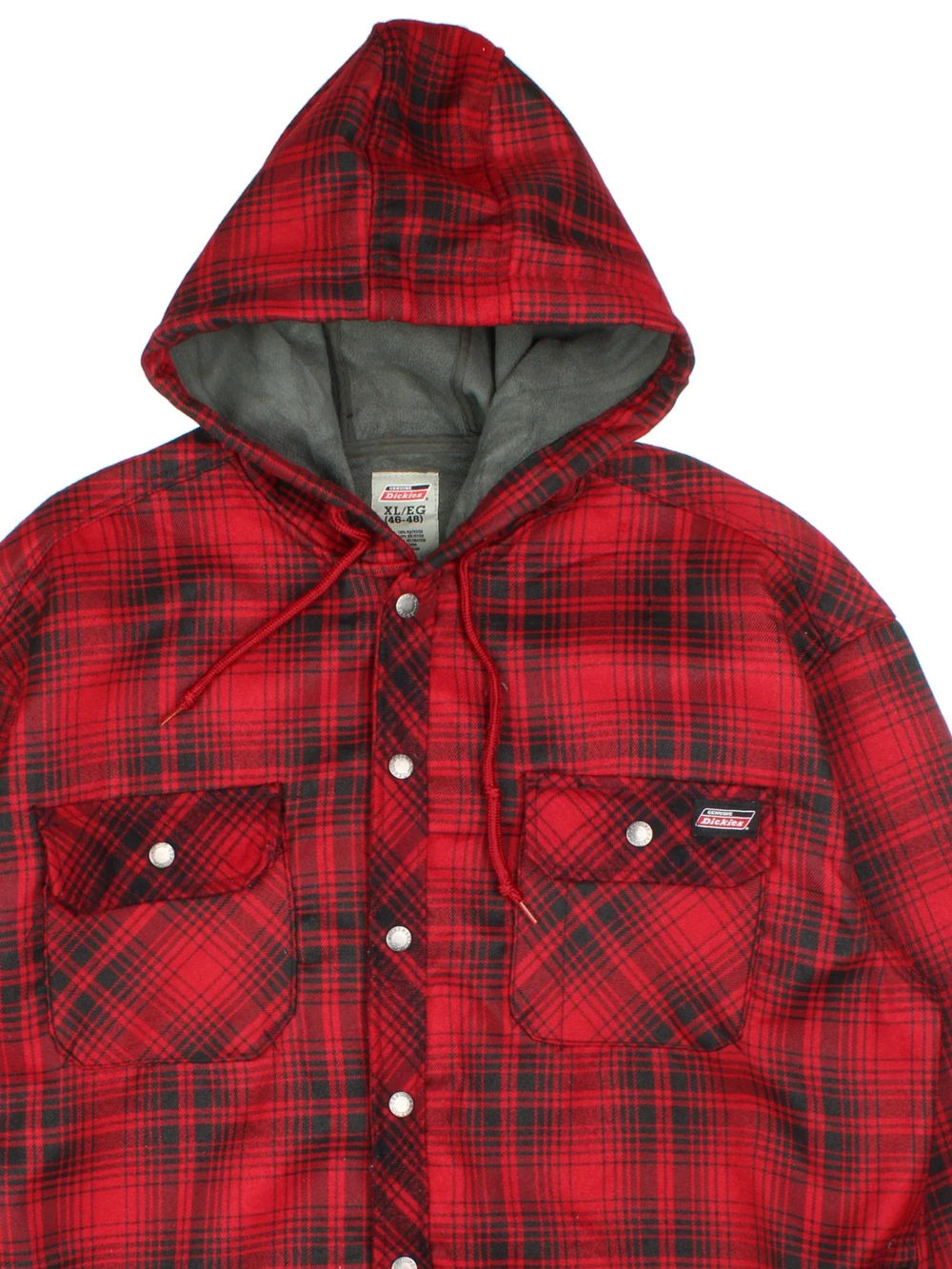 Dickies Hooded Flannel Jacket in a red and black plaid pattern colourway. Button up closure and has multiple pockets, fleece lining, and has the logo embroidered on the front.