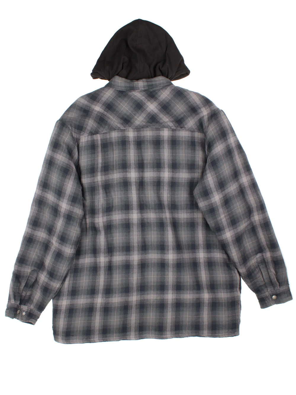 Dickies Hooded Flannel Jacket in a grey plaid pattern colourway. Button up closure and has multiple pockets, insulated quilted lining, and has the logo embroidered on the front.