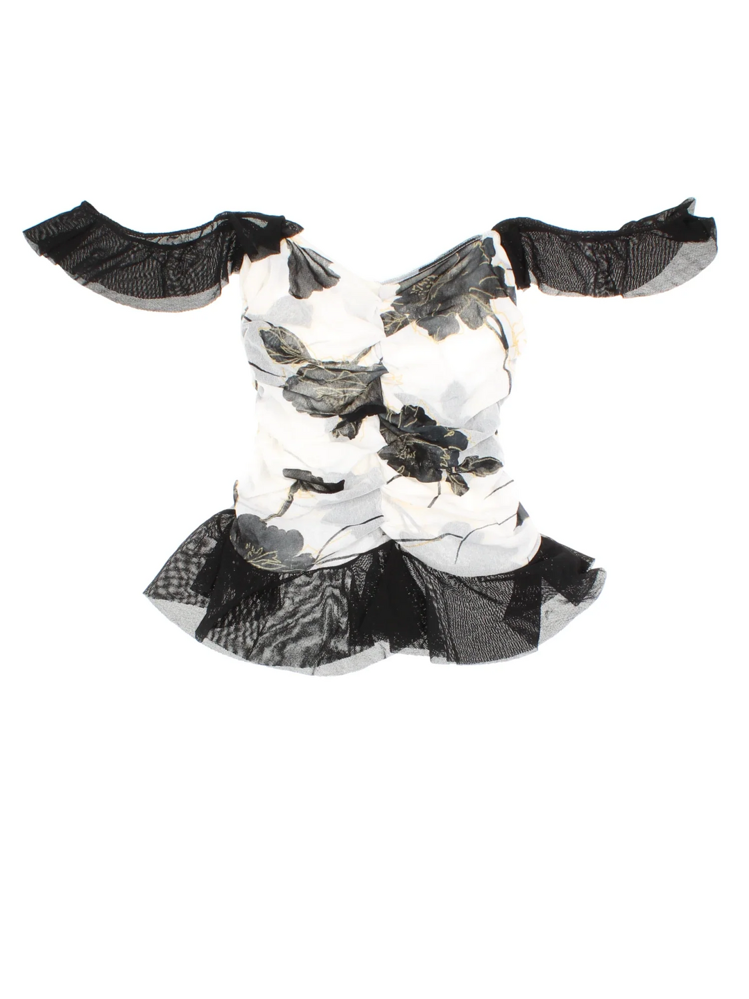 Y2K Vintage Mesh Floral Top in a black/white colourway. V neckline, with frill detail and ruching detail front/back.