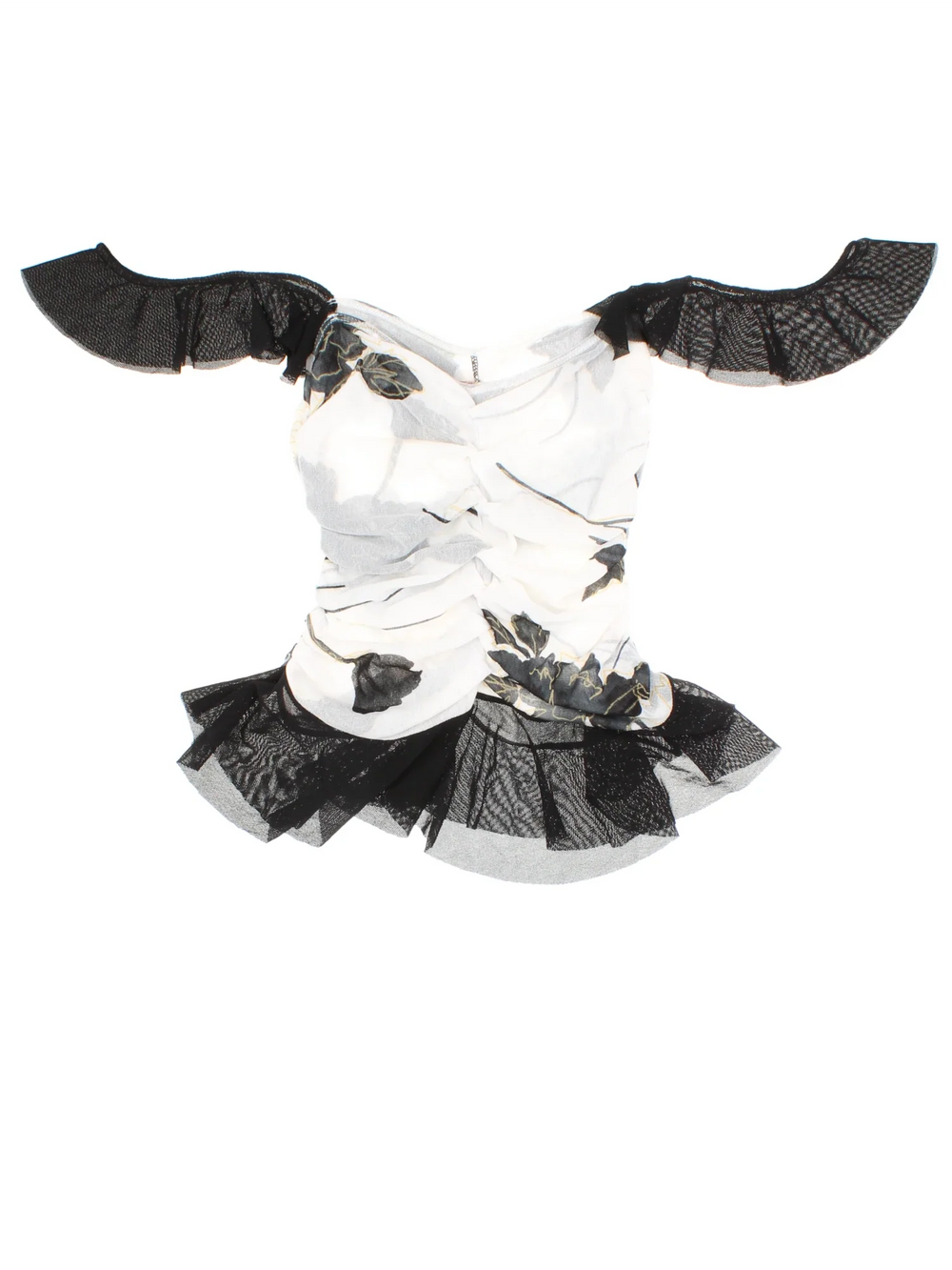 Y2K Vintage Mesh Floral Top in a black/white colourway. V neckline, with frill detail and ruching detail front/back.