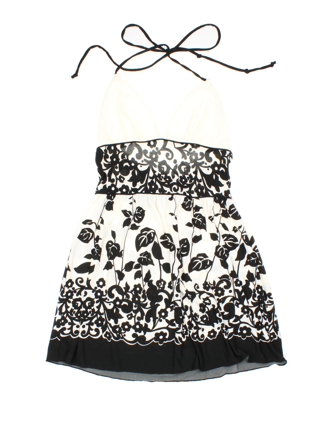 Y2K Vintage Halter Neck Top in a black/white colourway. V neckline, with frill detail and halter neck tie.