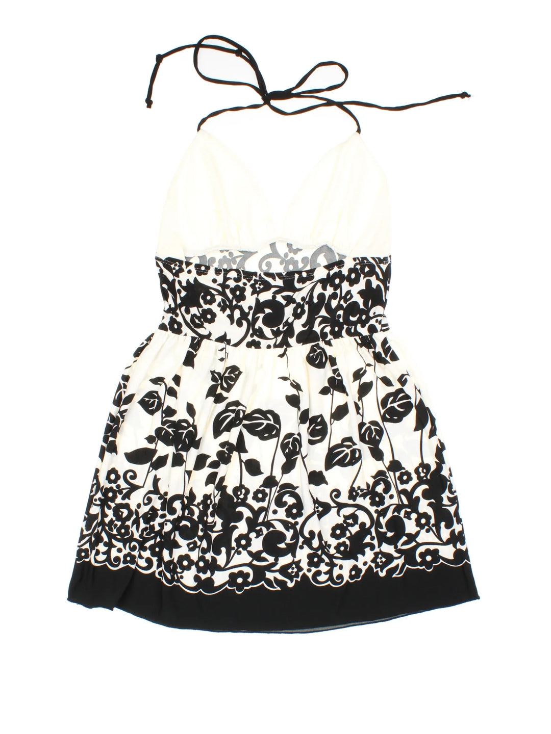 Y2K Vintage Halter Neck Top in a black/white colourway. V neckline, with frill detail and halter neck tie.