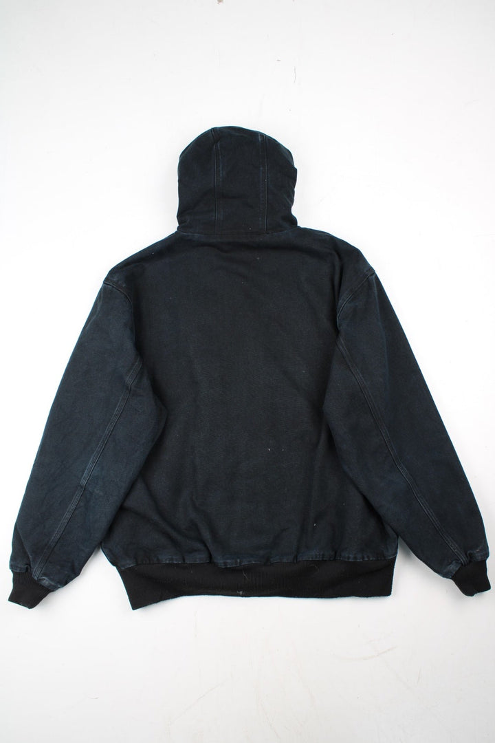 Carhartt Active Jacket in a black colourway. Zips up and has side pockets, hooded, and has the logo embroidered on the front alongside 'Holland Service Manager' company spell out.