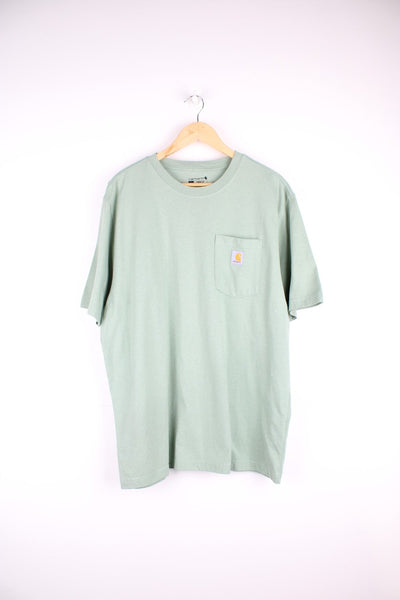 Carhartt T-Shirt in a green colourway, chest pocket and has the logo embroidered on the front. 