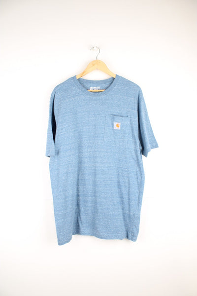 Carhartt T-Shirt in a blue and white colourway, loose fit and has a chest pocket with the logo embroidered on the front. 