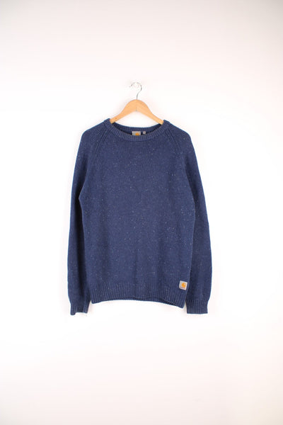 Carhartt Knitted Sweater in a blue colourway and has the logo embroidered on the front. 