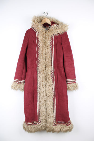 Vintage Topshop red faux suede Afghan jacket with faux fur collar and cuffs, hood and embroidered patterns