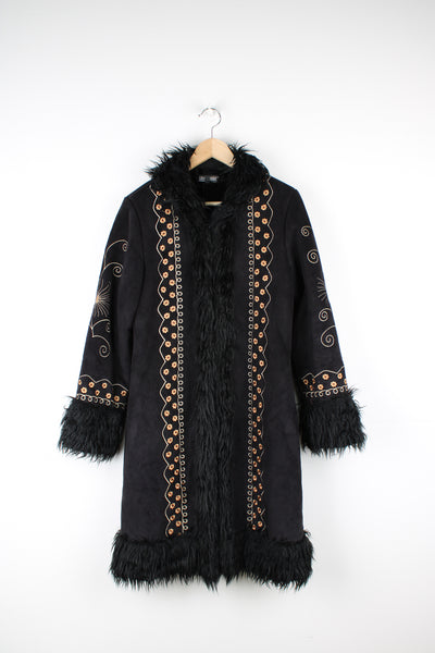 Vintage black Y2K faux suede Afghan coat with embroidered flowers on the front and sleeves, faux fur trim. Made by Good Mode