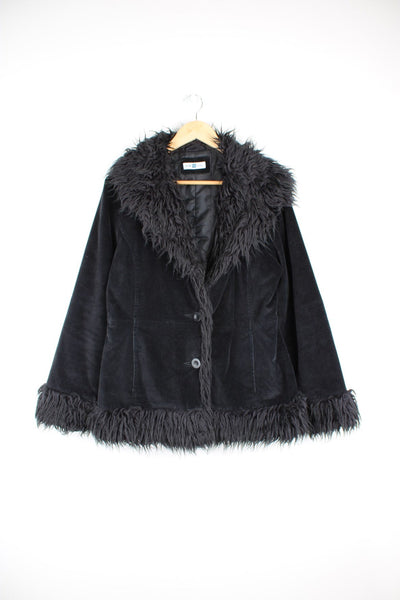 New Look black afghan coat in velvet with a faux fur trim and button closure.