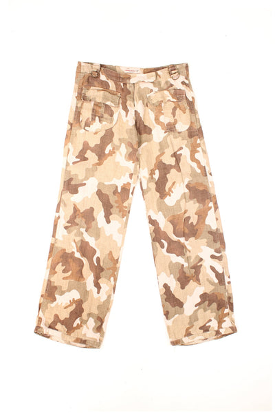 Miss Sixty lightweight camo trousers in sandy brown tones with military-style patch pockets, zip and velcro closure, ruched embellishments to the front and brass-coloured hardware. 