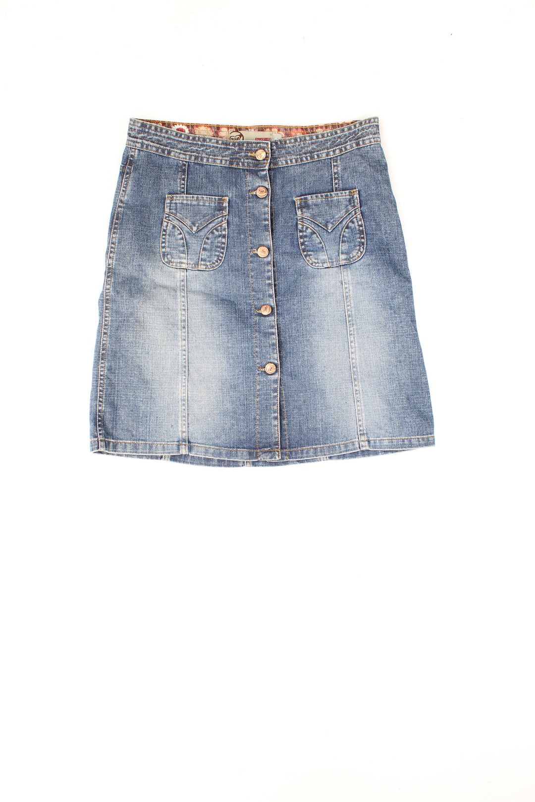 Quiksilver Roxy blue denim midi skirt with patch pockets, button closure and an embroidered logo on the back.
