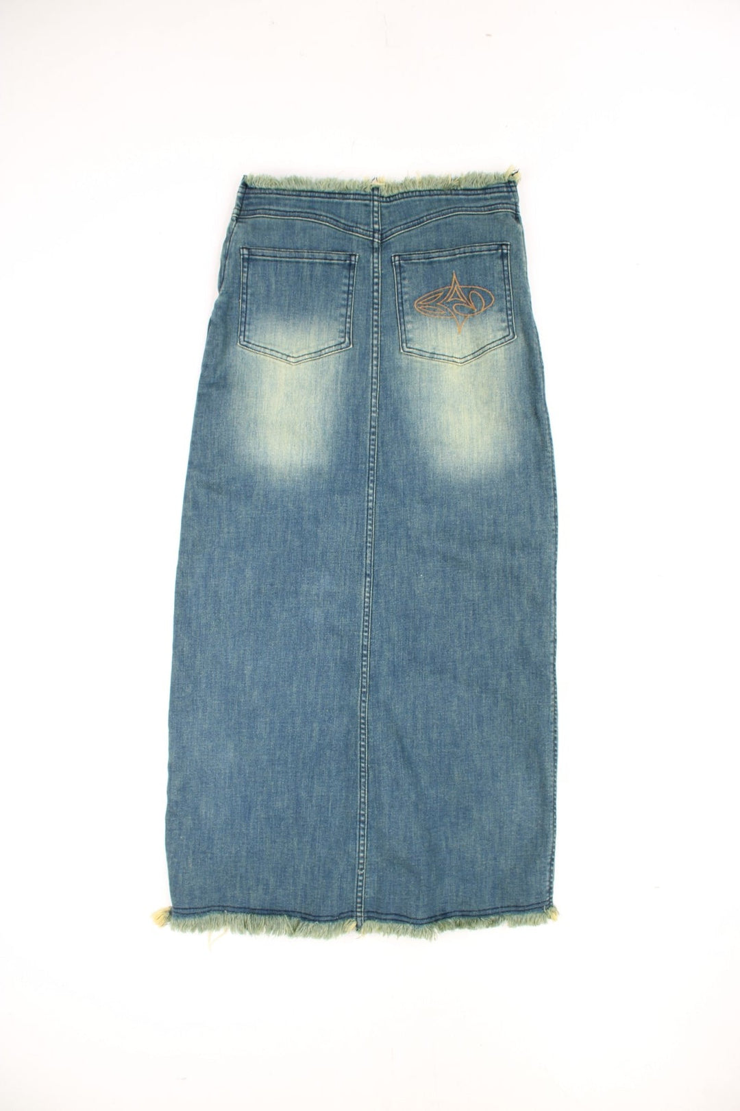 Basic Pleasure Mode denim maxi skirt with with frayed hem and waistband, slit up the front, side zip fastening and embroidered logo on the pocket.