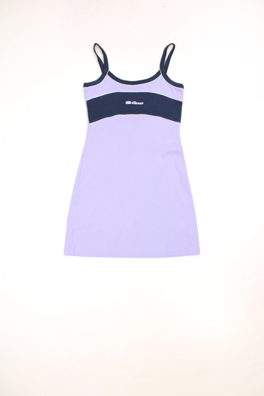 Y2K Ellesse sporty mini dress in lilac with navy blue accents, white piping and an embroidered logo on the chest.