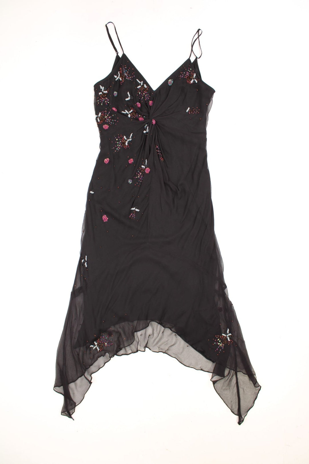 Y2K black v-neck maxi dress - 100% silk, with sparkly beading in floral patterns, adjustablestraps, an asymetrical hem, and a ruched bust.