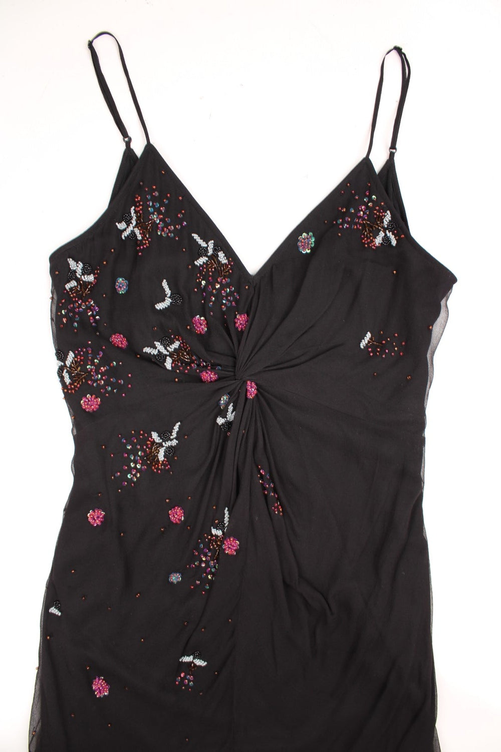 Y2K black v-neck maxi dress - 100% silk, with sparkly beading in floral patterns, adjustablestraps, an asymetrical hem, and a ruched bust.