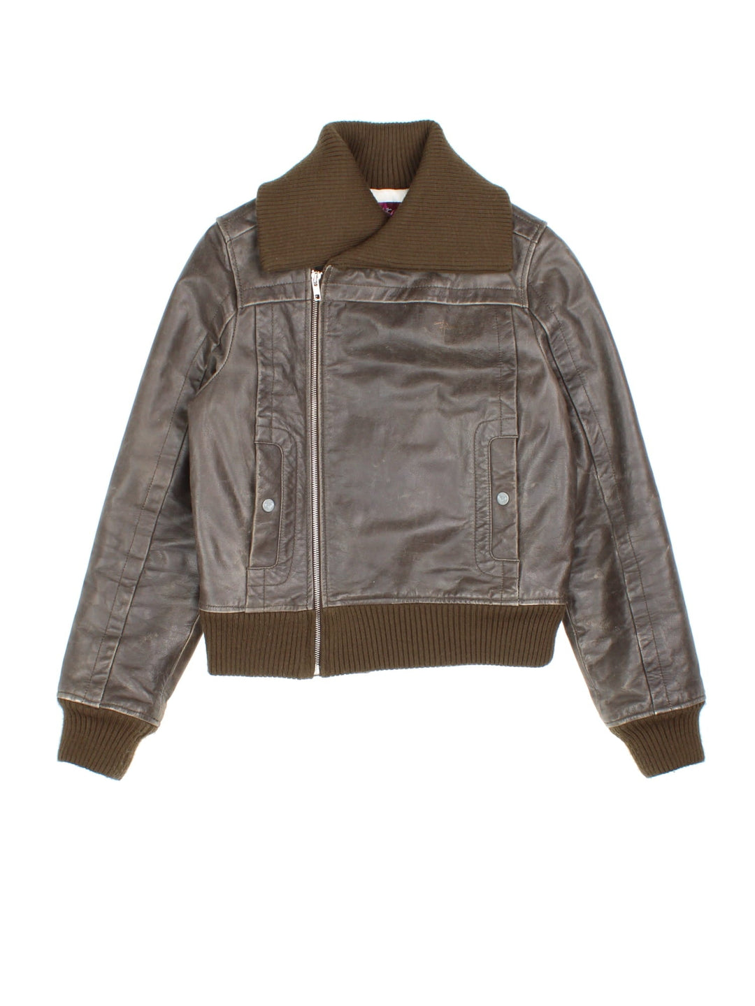 Y2K Leather Bomber Jacket in a brown colourway, zips up and has side pockets and a big collar.