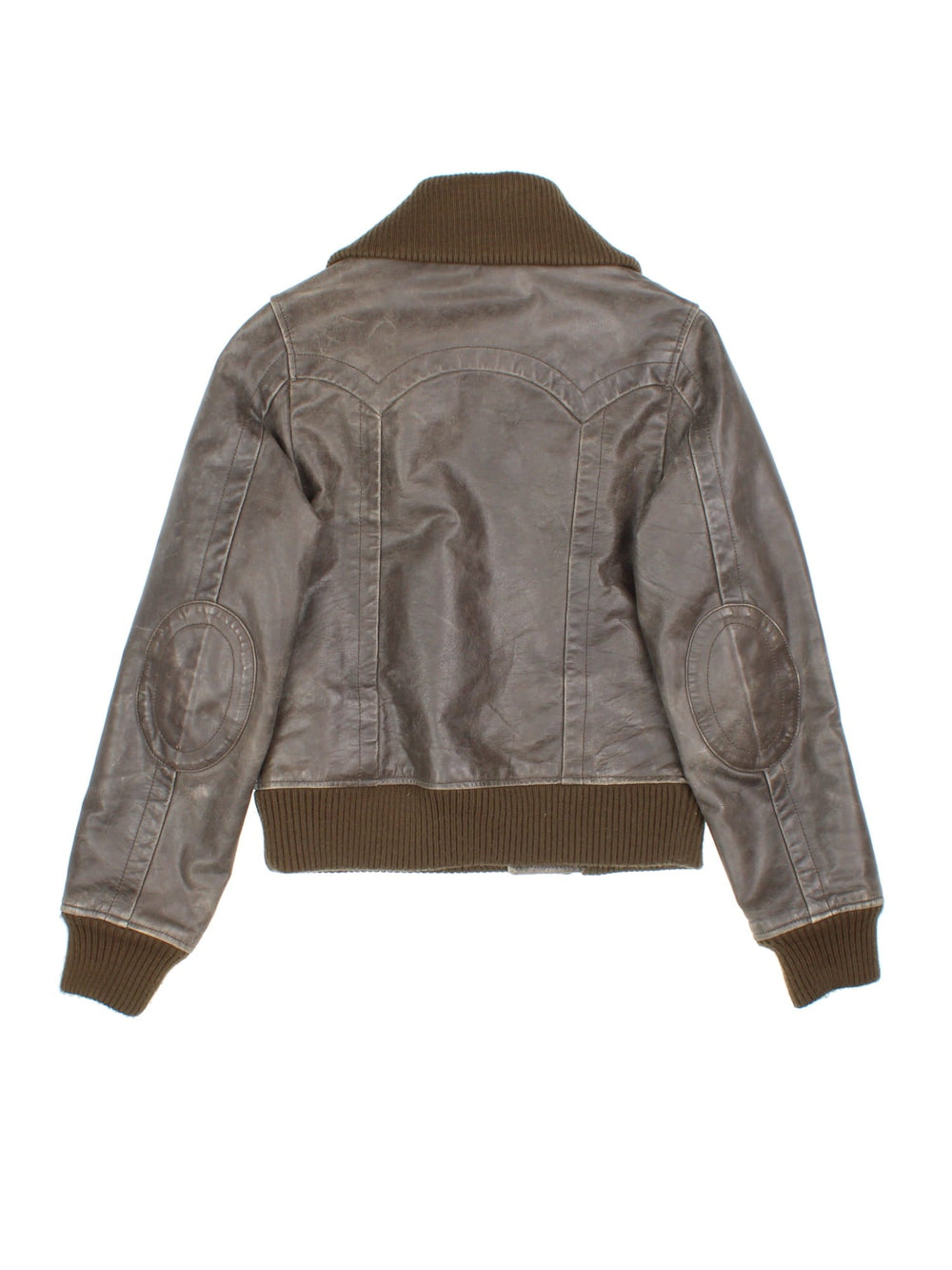 Y2K Leather Bomber Jacket in a brown colourway, zips up and has side pockets and a big collar.
