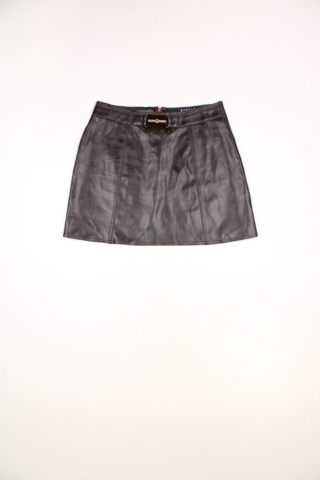 Y2K brown pleather mini skirt with zip closure and a tortoiseshell 'Morgan Couture' branded belt buckle detail.