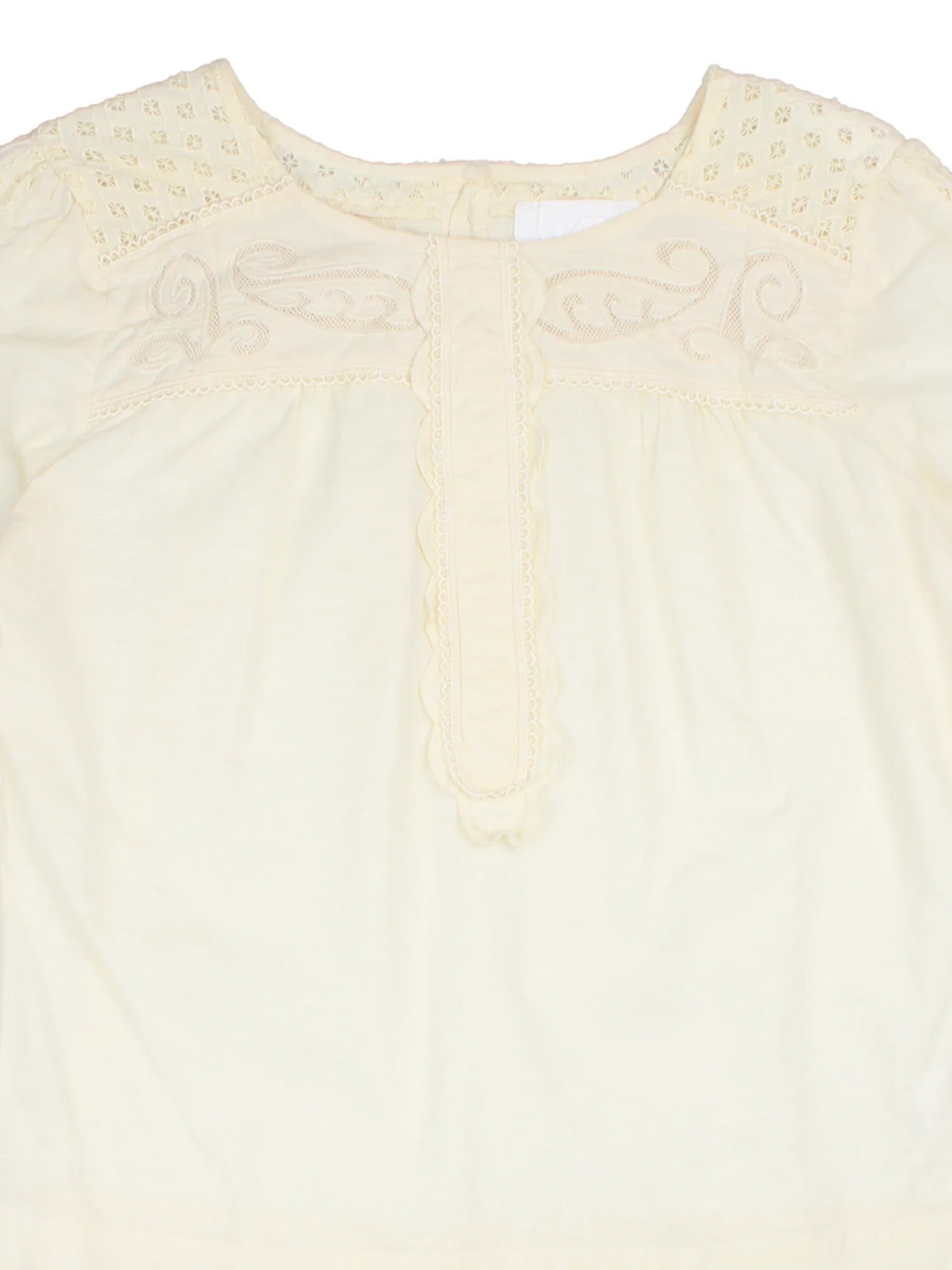 Y2K Prairie Blouse in a white colourway, slash neck with back buttons and lace insert detail.