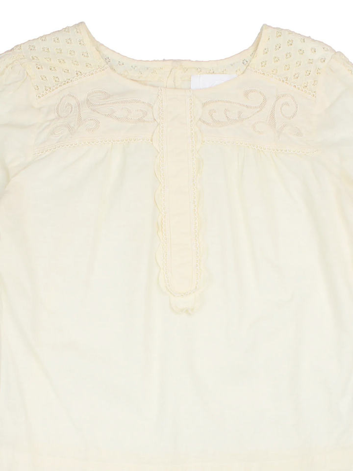 Y2K Prairie Blouse in a white colourway, slash neck with back buttons and lace insert detail.