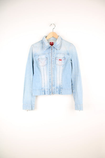 Miss Sixty Denim Jacket in a light blue colourway, two way zip up, has double chest pockets with the logo embroidered on the front. 