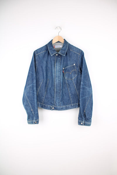 Levi's Engineered Jeans Denim Jacket in a blue colourway with contrast stitching throughout, and has a chest pocket with the logo embroidered on it. 